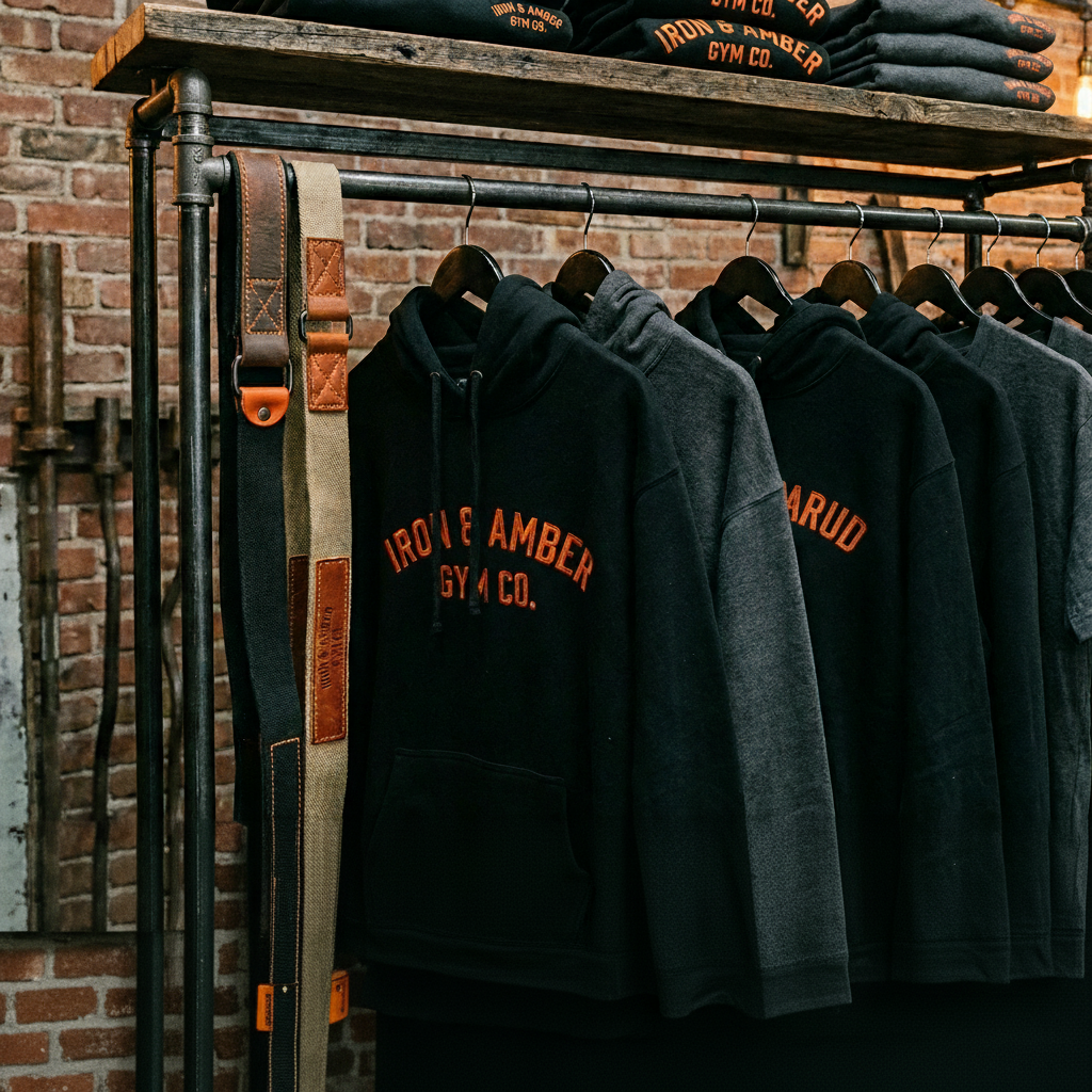 Iron HUD — merchandise display of charcoal hoodies and tees.