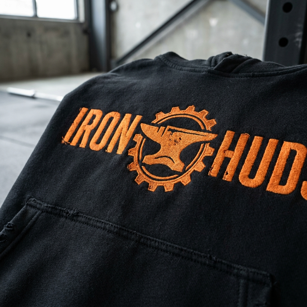 Iron HUD — close-up of the Iron HUD-embroidered industrial hoodie.