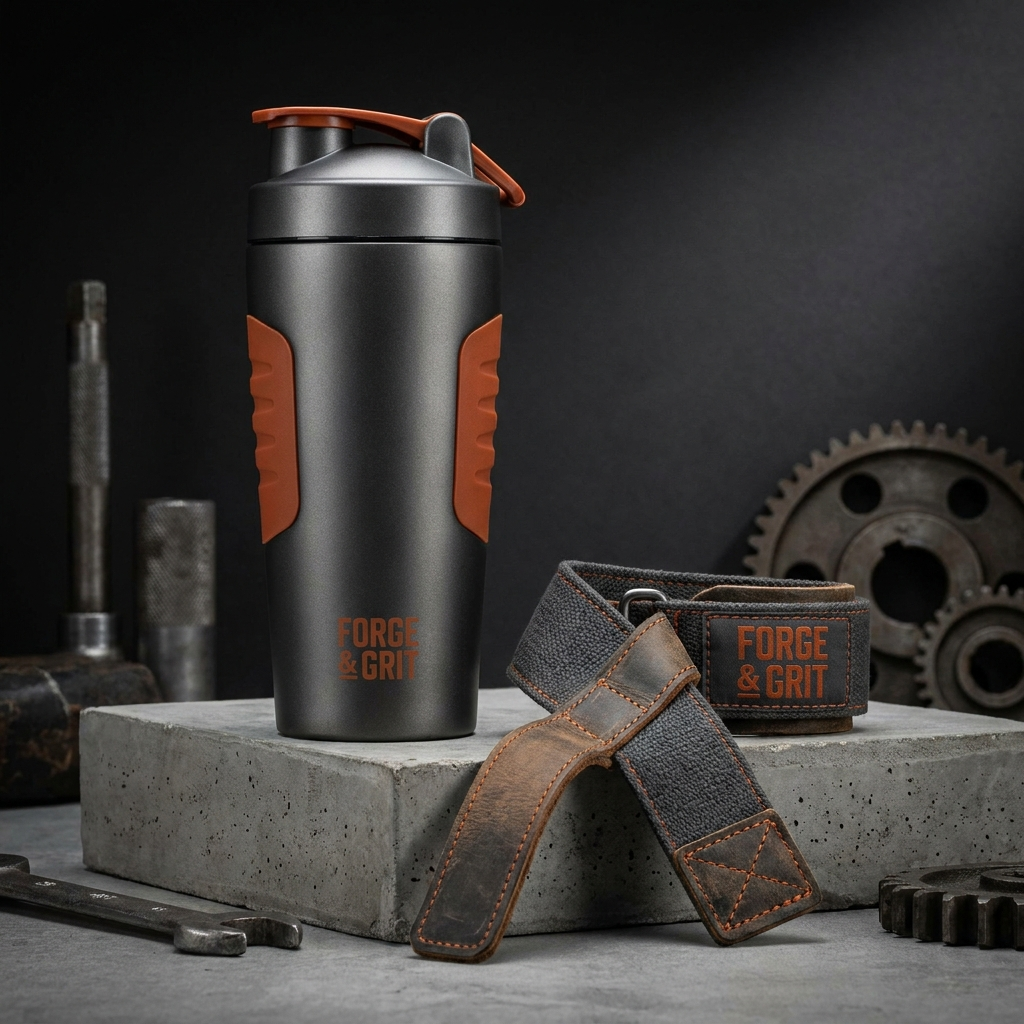 Iron HUD — branded shaker bottle and lifting straps in charcoal and burnt amber.