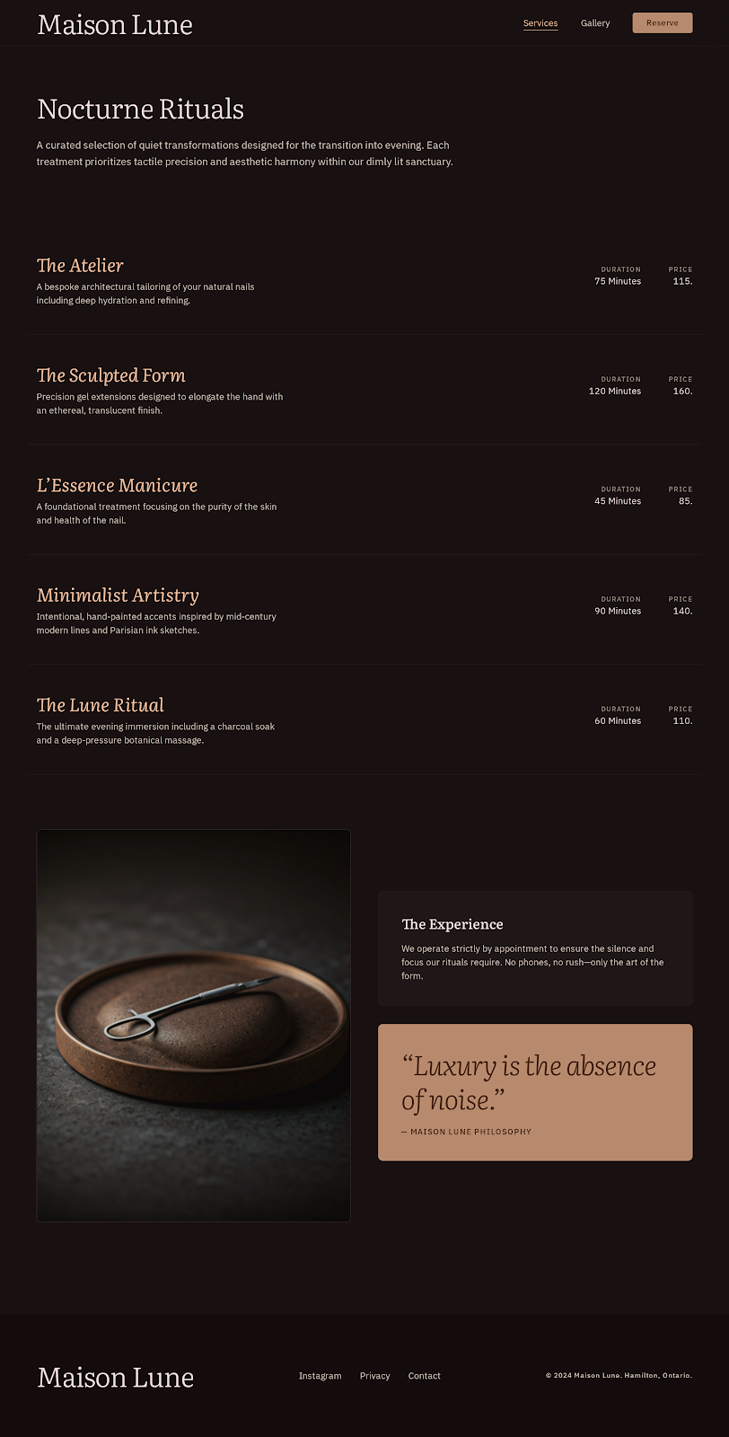 Maison Lune Nails — services page with manicured service cards.