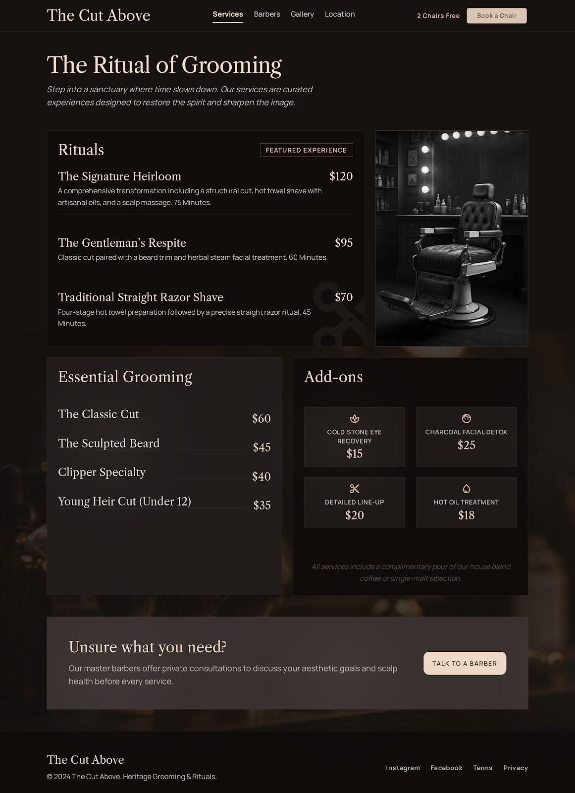 The Cut Above — grooming rituals services page with a named menu of cuts.