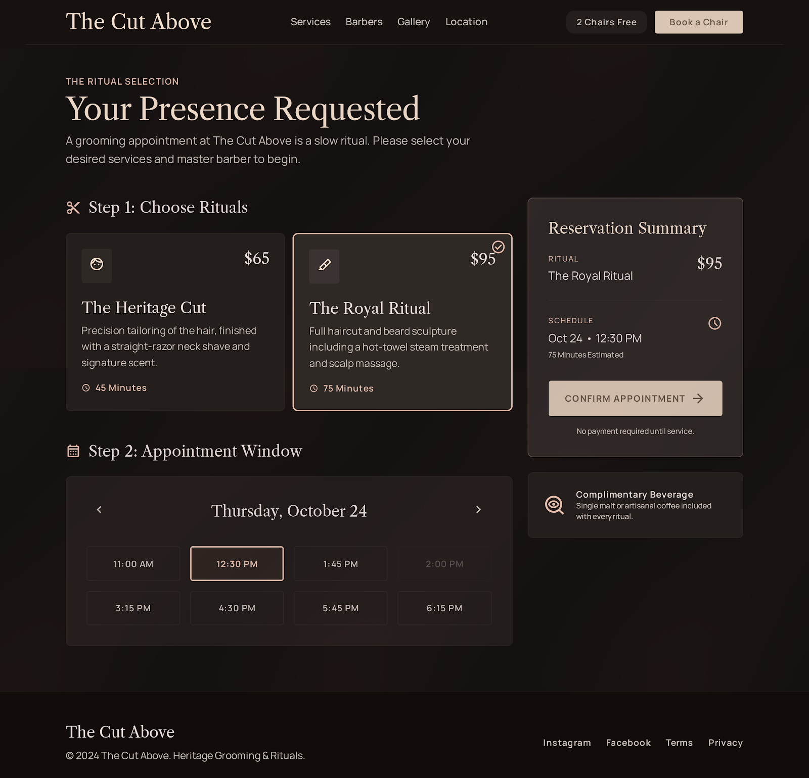 The Cut Above — reserve-a-chair booking page with live chair counter.